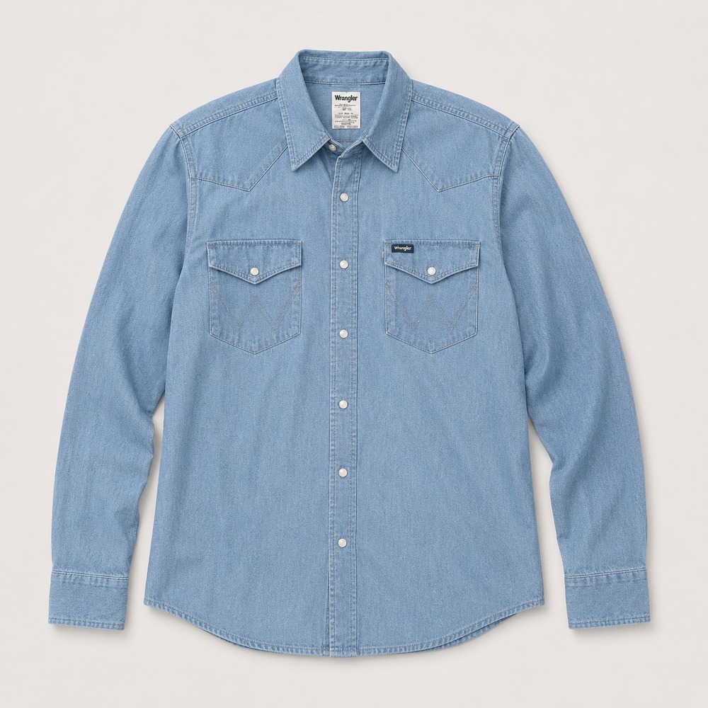 Wrangler Mens L Blue Chambray Western Shirt Pearl Snap Long Sleeve Cowboy